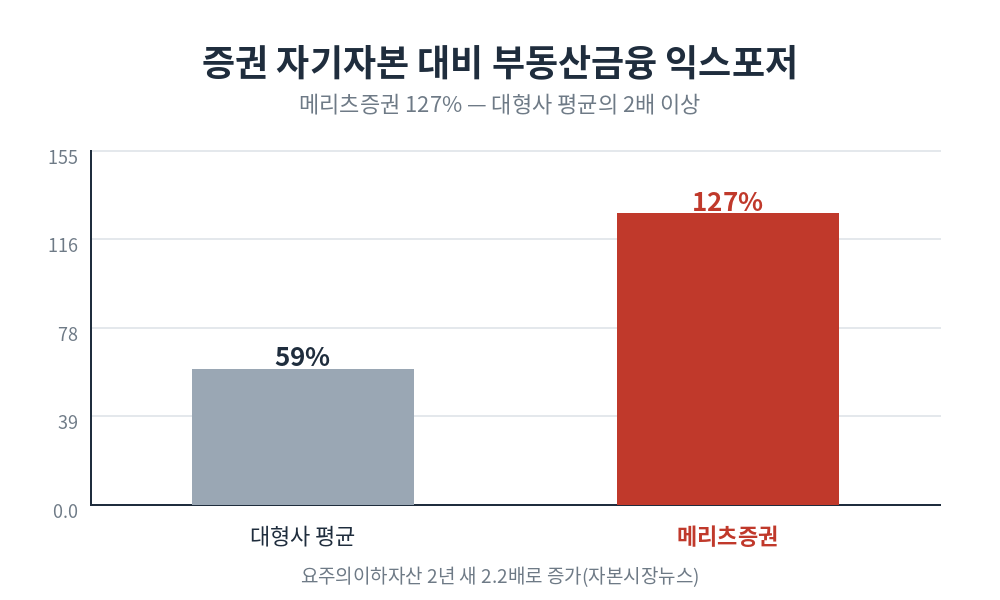 메리츠금융지주 주가 리스크 — 증권 부동산금융 익스포저 127% vs 대형사 평균 59%