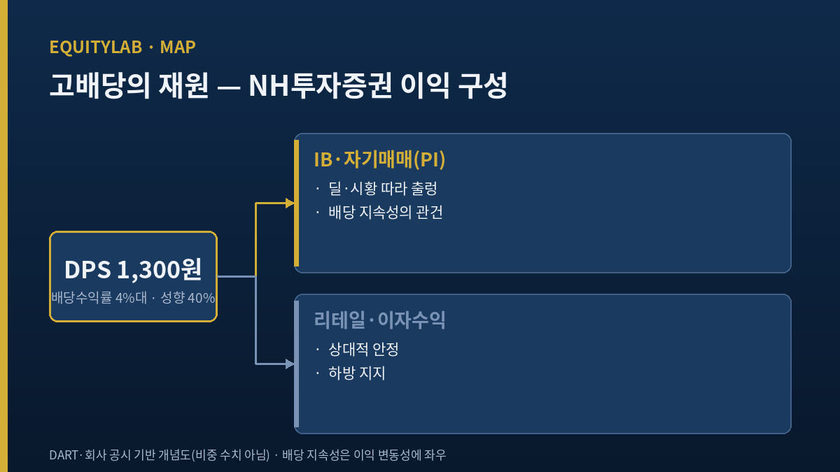 NH투자증권 배당수익률 대비 이익 구성 IB PI 변동성