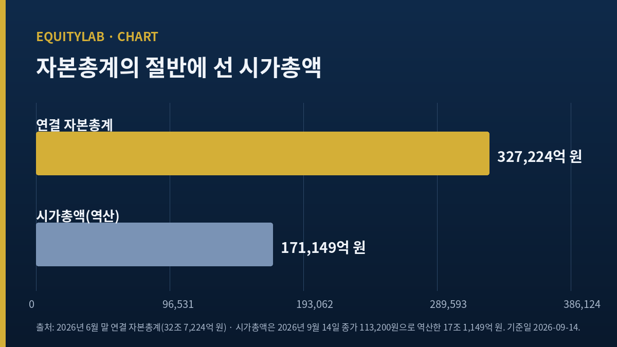 LG 주가 기준 시가총액과 연결 자본총계를 비교한 단순 막대 도표