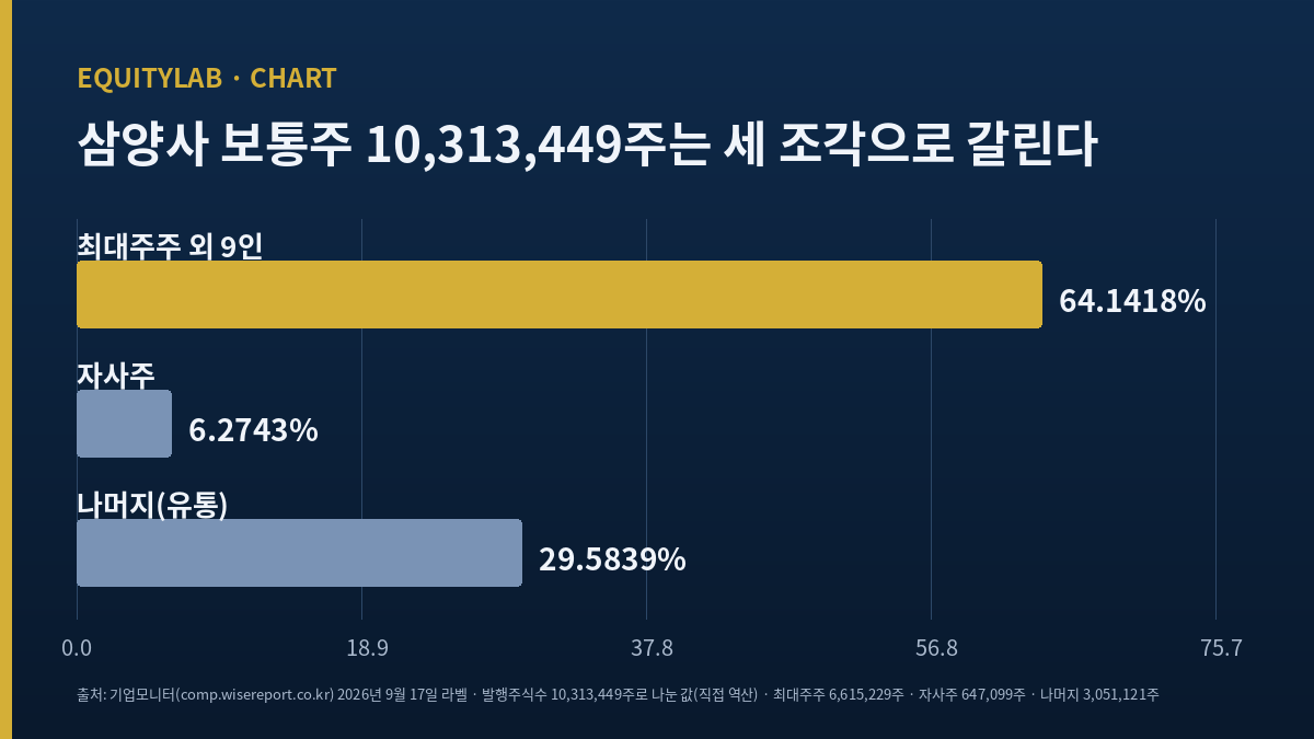 삼양사 보통주 10,313,449주를 최대주주·자사주·나머지로 나눈 도표