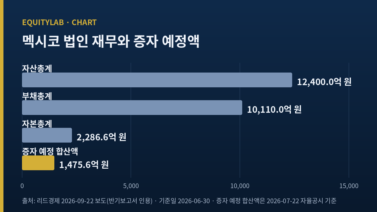 성우하이텍 주가 기록에 붙인 멕시코 법인 자산·부채·자본·증자예정액 막대